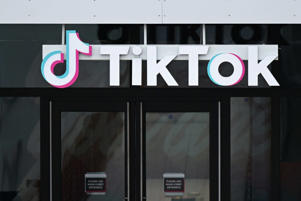 The TikTok logo is seen on signage outside the social media app's offices in Culver City, California on March 16, 2023.