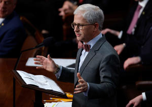 Afterwards, newly elected Representative Patrick McHenry, R-N.C., delivers remarks from the floor during the fourth day of voting for Speaker of the United States House. Capitol on January 6, 2023 in Washington, DC.