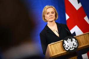 British Prime Minister Liz Truss at a press conference at the Downing Street Conference Room (DANIEL LEAL via Daniel Leal/AFP Getty Images)