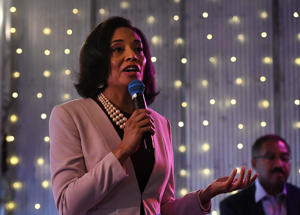 DENVER, CO - APRIL 1: Denver Mayor Lisa Calderon answers a question during the Denver Post Mayoral Debate at Denver Fieldhouse on April 1, 2019 in Denver, Colorado. Denver Post political reporter Andrew Kenney moderated the discussion. To his right is mayoral candidate Penfield Tate.