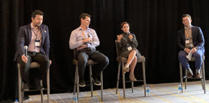 Life Sciences Speaker at Madrona Venture Group's Smart Applications Summit. From left: Lucas Nivon, CEO of Cyrus Biotechnology, Jonathan Carlson, a researcher at Microsoft, Madison Masaelli, CEO of DipCell, and moderator Chris Picardo, Madrona's business partner. (Photo by GeekWire/Charlotte Schubert)