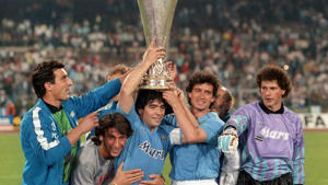 Diego Maradona with his teammates celebrating the UEFA Cup on May 17, 1989.