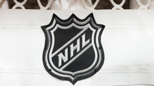 A public view of the NHL logo behind the goal on April 24, 2022 at the Prudential Center in Newark, New Jersey. Rich Grass/Getty Image