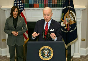 President Joe Biden and Vice President Kamala Harris discuss border security in the Roosevelt Room of the White House January 5, 2023 in Washington, DC.
