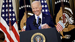 U.S. President Joe Biden smiles during a press conference in the State Dining Room of the White House in Washington, U.S., Wednesday, Nov. 9, 2022. Biden spoke after midterm elections in which Democrats fared better than expected and avoided the worst. -The scenario as the dreaded Republican surge in Tuesday night's voting fails to materialize.