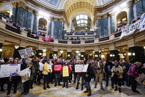 Protesters in the Wisconsin Capitol Rotunda in Madison, Wis., during a Jan. 22 march opposing the state's near-total ban on abortion.
