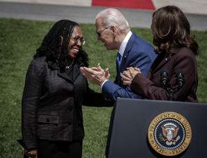 President Biden and Vice President Harris welcome Judge Ketanji Brown Jackson, left, to the White House after he was confirmed by the Senate in April.