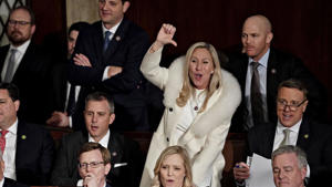 Representative Marjorie Taylor Green, Republican of Georgia, center, gestures during her State of the Union address at the United States Capitol, Tuesday, Feb. 7, 2023, in Washington, U.S. President Biden speaks to China amid renewed tension and conflict. With House Republicans on raising the federal debt ceiling. Photographer: Sarah Silbiger/Bloomberg via Getty Images Bloomberg