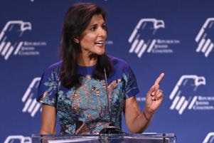 Former UN Ambassador Nikki Haley speaks at a meeting of the Republican Jewish Coalition in Las Vegas in November. (David Becker for The Washington Post)