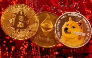 FILE PHOTO: This image shows the cryptocurrencies Bitcoin, Ethereum and DogeCoin installed on a computer motherboard.