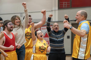 From left: Kevin Iannucci as Johnny, Caitlin Olson as Alex, James Day as Keith Benny and Woody Harrelson as Marcus Champions.