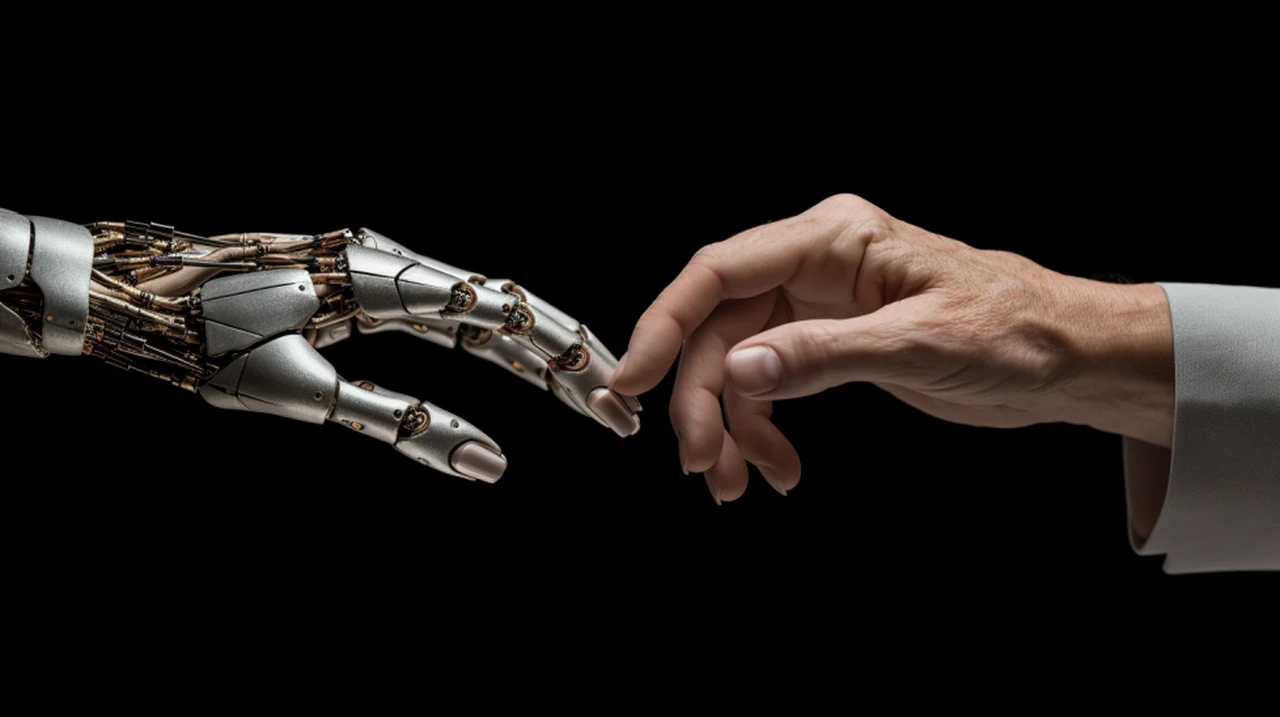 artificial intelligent robotic hands touching a human hand due to the creation of foundation models