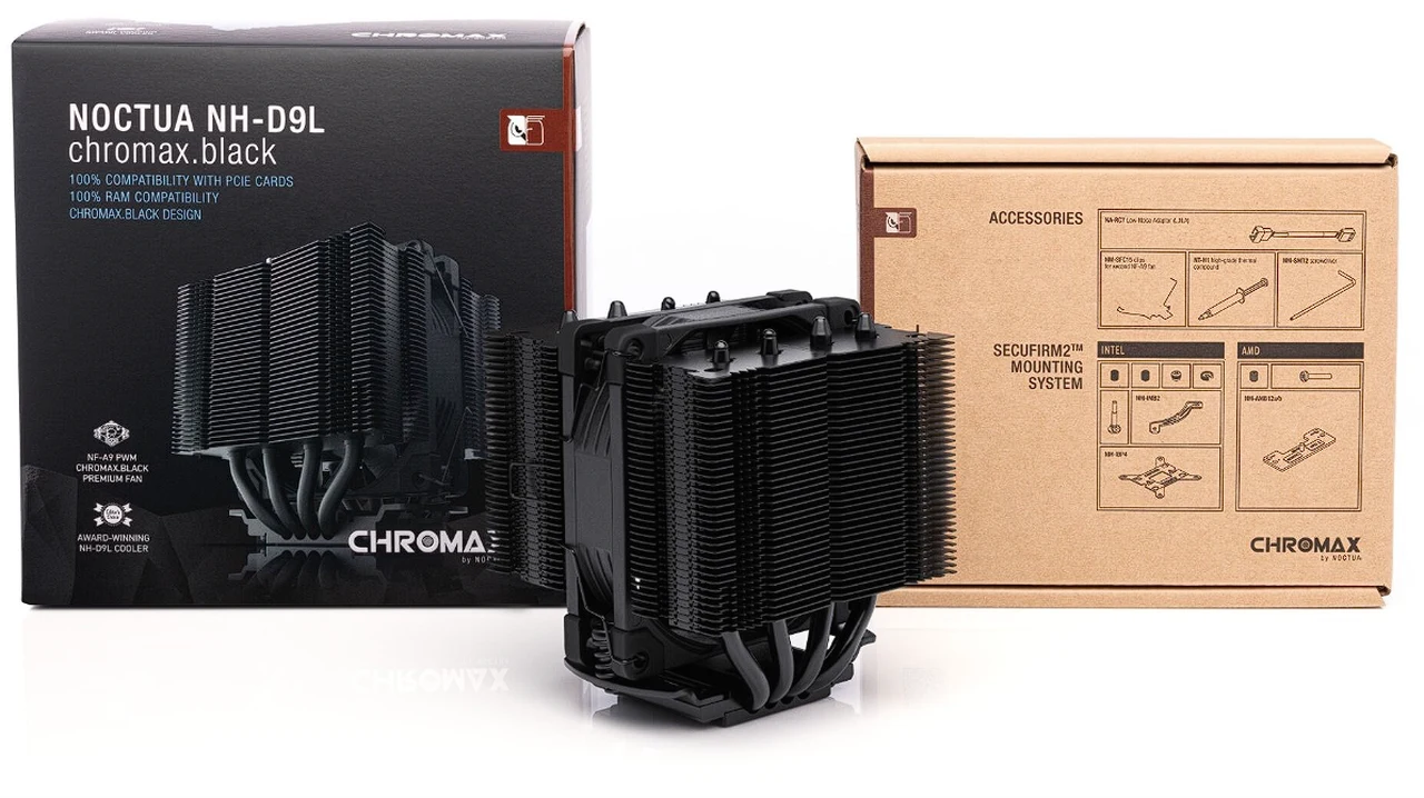 Noctua all black NH-D9L and NH-L9x65 CPU coolers next to its packaging