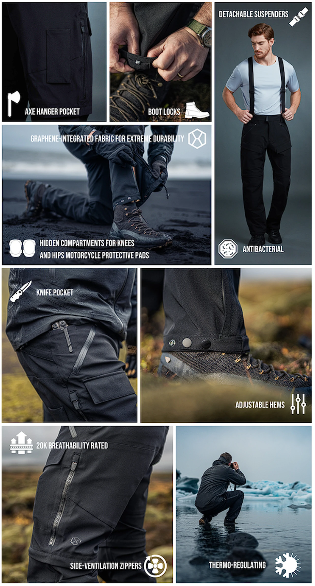 a selection of images showing the features and benefits of wearing rugged outdoor adventure clothes
