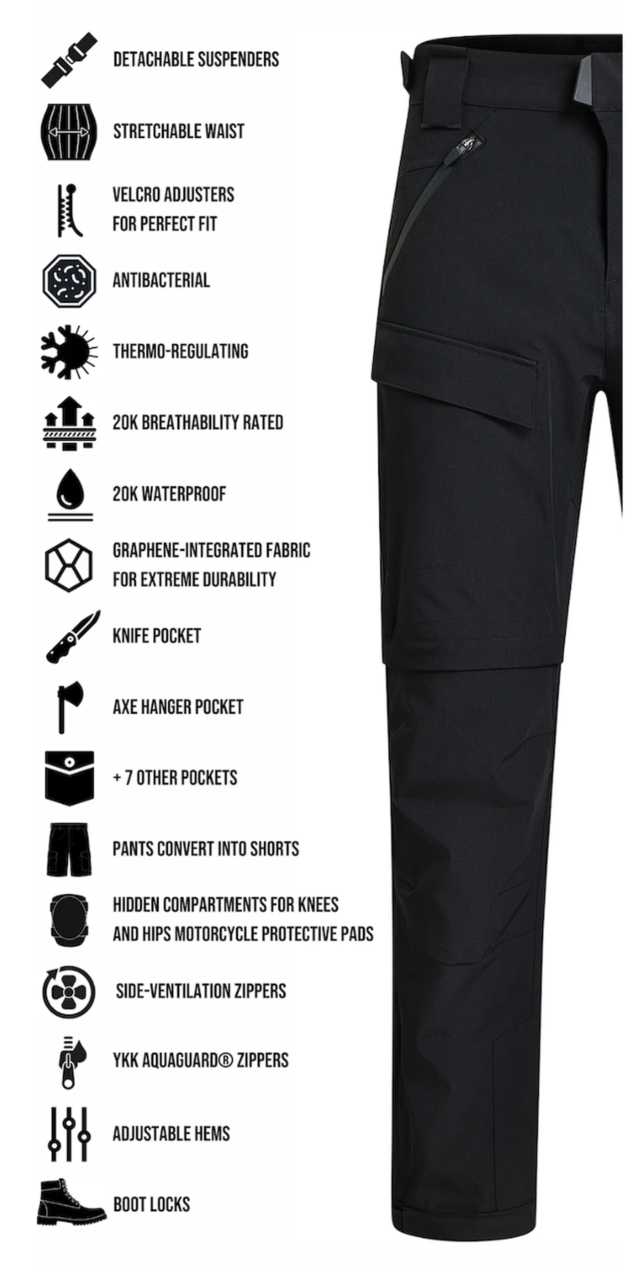 an image showing the list of features for the outdoor adventure pants that have been designed to be everything proof