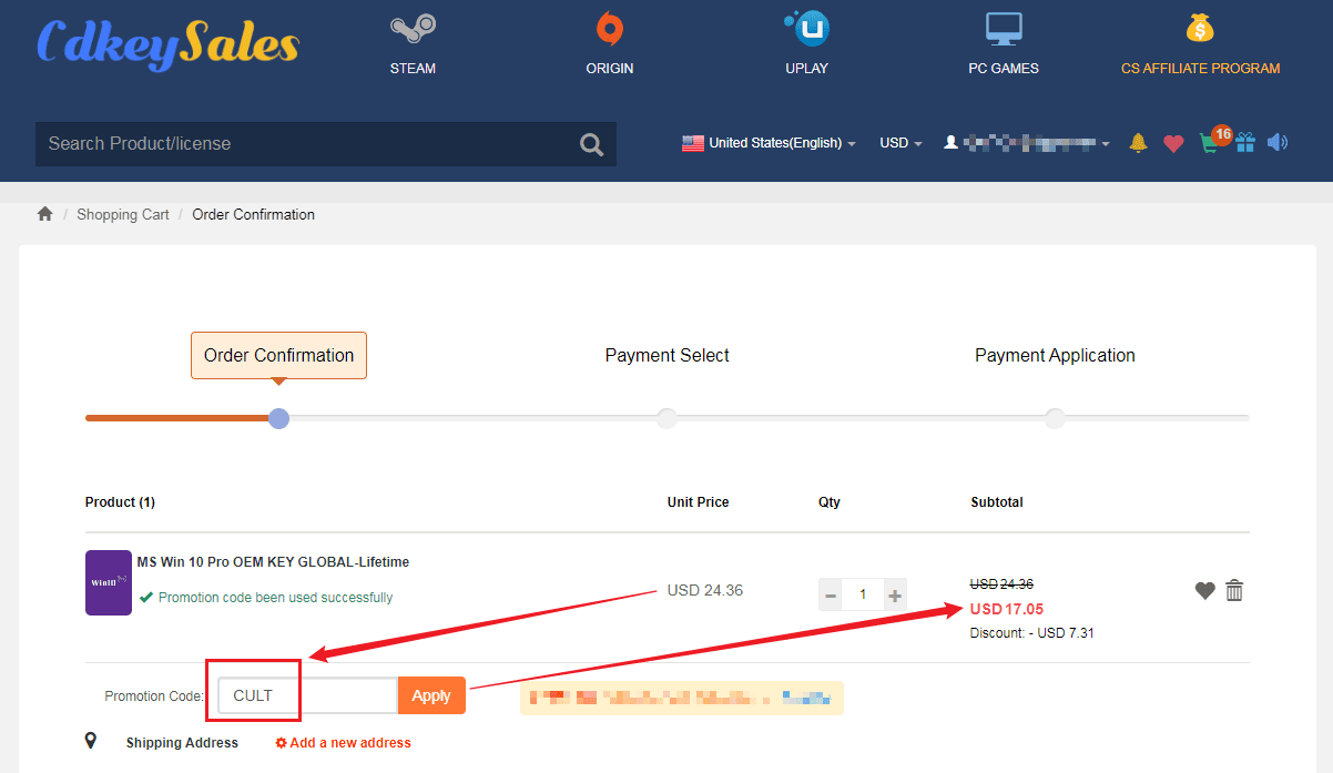 Order confirmation at CdkeySales.com